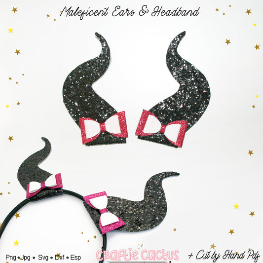 Black glittery ears with pink bows on a white background, labeled 'Maleficent Ears & Headband'.